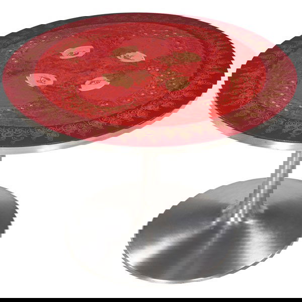 Bjorn Winblad dinette table France and Son Mygge: Bjorn Winblad dinette table, for France and Son, hand-painted by Mygge, round top with colorful design of partridges, aluminum trim to edge and aluminum pedestal base, signed with "CADO Made in Denmar