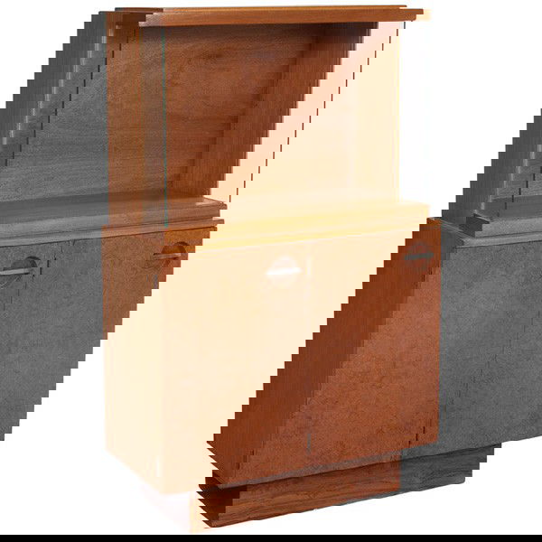 Gilbert Rohde Formal Dining Group china cabinet: Gilbert Rohde Formal Dining Group china cabinet, by Herman Miller, 1940s, Maidou burl and mahogany, lower portion with two doors with round cutouts with horizontal nickel bar, one adjustable wood shel