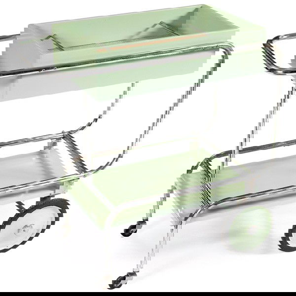 Gilbert Rohde serving cart, by Troy Sunshade, 1930: Gilbert Rohde serving cart, by Troy Sunshade, 1930s, tubular chromed steel frame with cork-lined wooden upper section and lower shelf, refinished, 36"w x 19.5"d x 33"h, very good condition