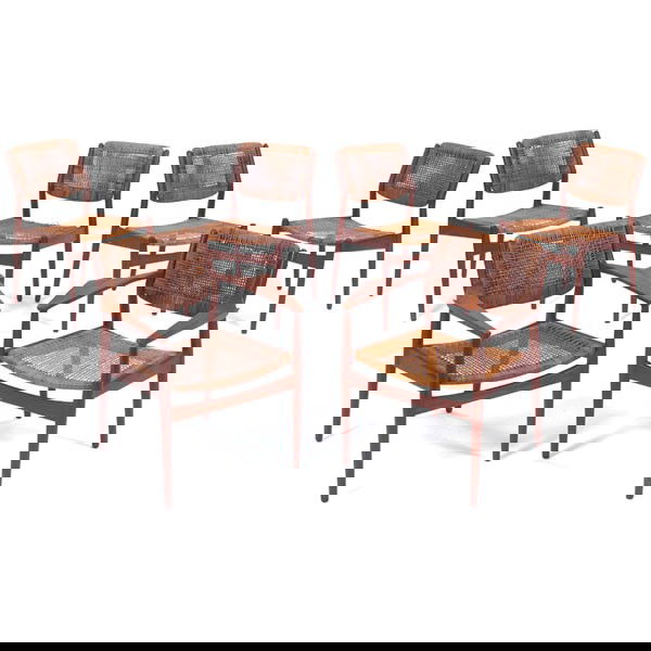 Arne Vodder dining chairs, six, by Sibast Mobler,: Arne Vodder dining chairs, six, by Sibast Mobler, Denmark, imported by George Tanier, two armchairs and four side chairs, teak frames with original caned seats and backs, original finish, signed, armc