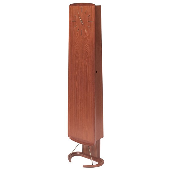 Hovmand-Olsen floor clock/cabinet, teak, signed: Hovmand-Olsen floor clock/cabinet, Denmark, teak, shallow cabinet with 5 interior shelves, key included, half-moon shaped base with brass supports, original finish, label inside cabinet, 19.5"w x 11.5