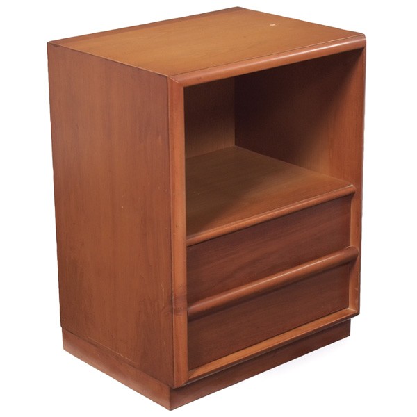 T.H. Robsjohn-Gibbings night stand, Widdicomb: T.H. Robsjohn-Gibbings night stand, by Widdicomb, 1950s, bleached walnut, open storage over one drawer, original finish, Widdicomb label in drawer, 19.5"w x 15"d x 25.25"h,very good original condition