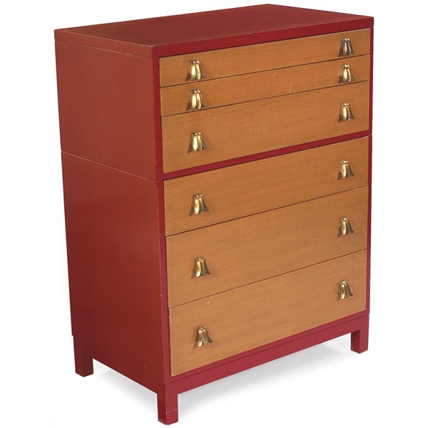 T.H. Robsjohn-Gibbings high boy dresser Widdicomb: T.H. Robsjohn-Gibbings high boy dresser, by Widdicomb, original dark red lacquered finish to top and sides, bleached walnut drawer fronts, original drawer pulls, original finish, Widdicomb label in dr