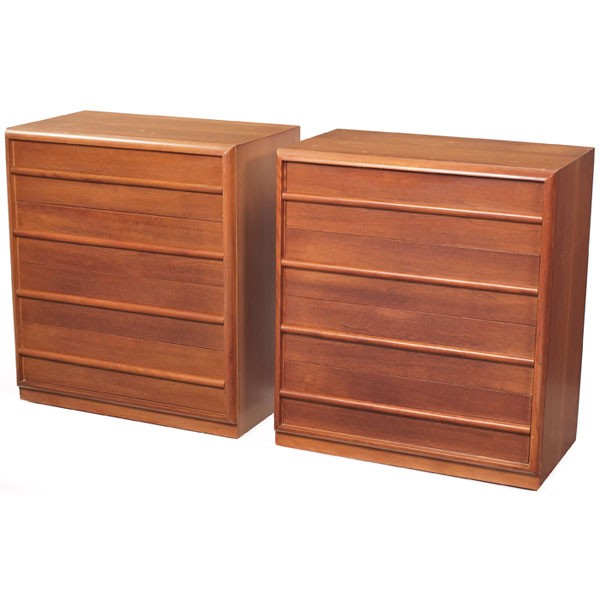 T.H. Robsjohn-Gibbings cabinets, pair, Widdicomb: T.H. Robsjohn-Gibbings cabinets, pair, by Widdicomb, 1950s, bleached walnut, each with four drawers, rounded wood trim, original finish, one with Widdicomb label in drawer, 35"w x 20.75"d x 39.75"h, w