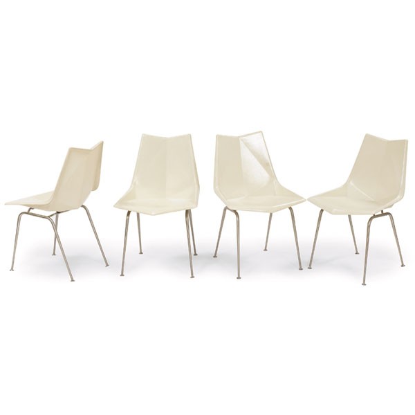Paul McCobb chairs, 4, St. John Seating Corp., whi: Paul McCobb chairs, four, by St. John Seating Corp., c.1959, molded white plastic seats, metal legs, all signed, 21"w x 24"d x 33"h, excellent condition