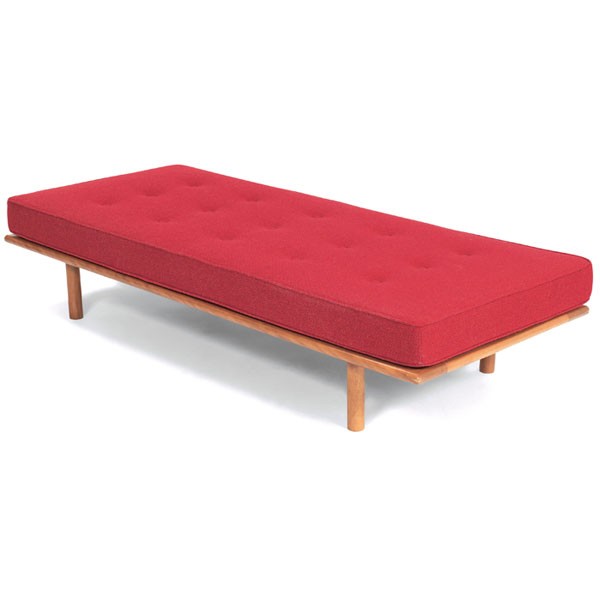 Russel Wright daybed, attrib., Conant-Ball: Russel Wright daybed, attribution, by Conant-Ball, rectangular maple frame on dowel legs with removable tufted red wool cushion, original finish, unsigned, 74"w x 31"d x 15"h, very good original condi