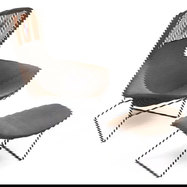 Harry Bertoia Bird chair and ottoman, Knoll, black: Harry Bertoia Bird chair and ottoman, by Knoll, 1960s, black wire construction with original wool covers and rubber shock mounts, signed with "Art Metal–Knoll" labels, chair: 37"w x 36"d x 39"h; ott