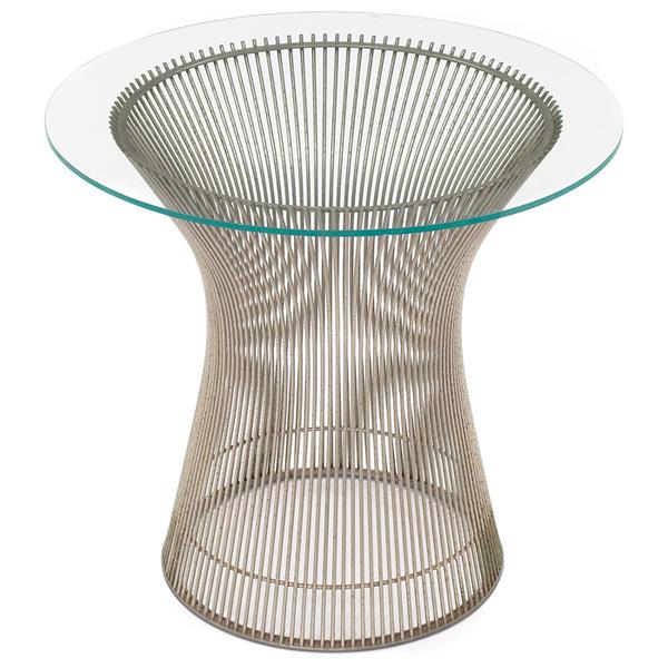 Warren Platner occasional table, Knoll, nickel-pla: Warren Platner occasional table, by Knoll, nickel-plated wire base supports replaced glass top, plastic floor protector intact, 20"dia, x 18.25"h, some pitting, good condition