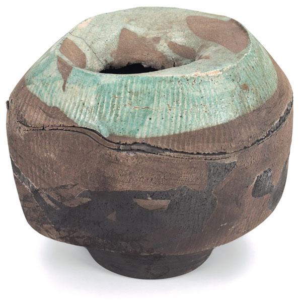 Paul Soldner Raku-fired earthenware vessel: Paul Soldner Raku-fired earthenware footed vessel, light green and gray glazes, 9"dia. x 8"h, signed with chop marks