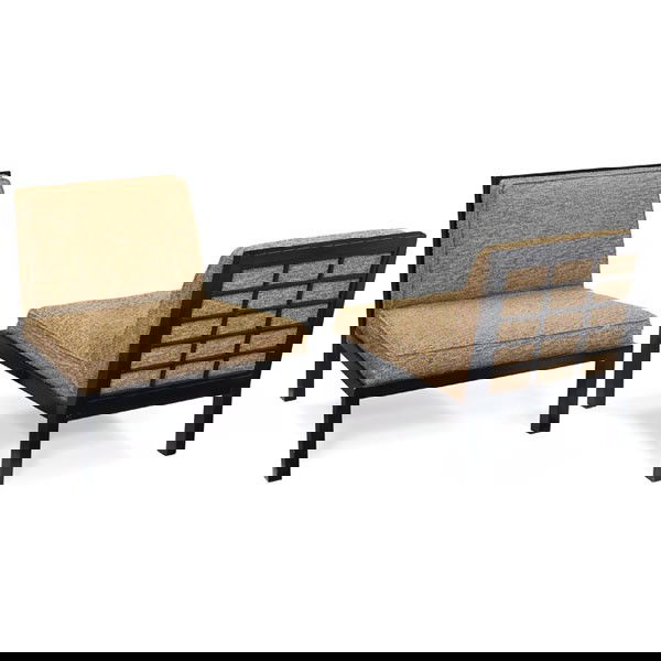 Michael Taylor Baker low lounge chairs pair Far Ea: Michael Taylor for Baker low lounge chairs, pair, from the Far East Collection, 1950s, ebonized wood frames with original textured light green upholstery, original finish, signed with metal Baker tags