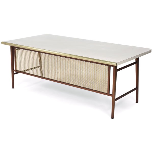 Gordon Bunshaft "Italic Styling" work table: Gordon Bunshaft "Italic Styling" work table, for General Fireproofing, large white laminate top, aluminum privacy panel and aluminum trim to one edge of top, 80"w x 41"d x 30"h, small hole to legs, go