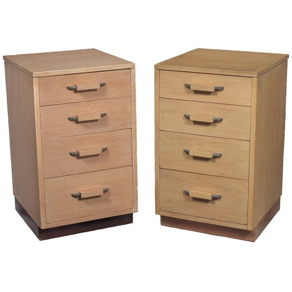 Eliel Saarinen and Pipsan Saarinen nightstands pai: Eliel Saarinen and Pipsan Swanson Saarinen nightstands, pair, by Johnson Furniture, Grand Rapids, MI, 1940s, birch cases over platform base with four drawers with original metal and wood pulls, 18w x 