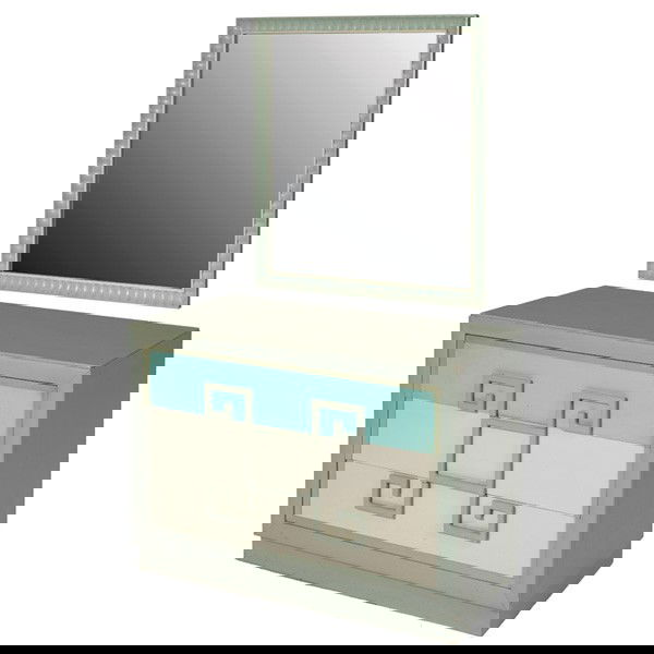 Kittinger "Mandarin" chest and mirror gray white: Kittinger "Mandarin" chest, three drawers with carved wood pulls that form a geometric decoration, original gray and white lacquer finish, branded mark in drawer, one drawer repainted, 46"w x 21"d x 3