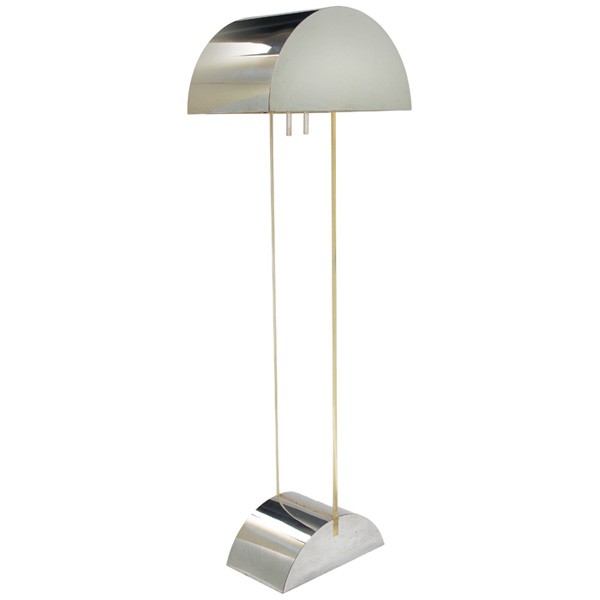 Kovacs floor lamp, attribution, wood base: Kovacs floor lamp, attribution, wood base and shade covered in sheet aluminum connected by a slab lucite support, two original pull chains with Lucite trim, 20"w x 12.5"d x 59"h, very good condition