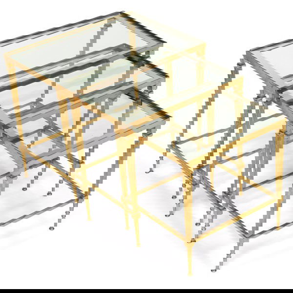 1950s Brass nesting tables, three, glass tops: 1950s Brass nesting tables, set of three, inset glass tops with mirrored edges, largest: 20.25"w x 15.5"d x 18.25"h, very good original condition