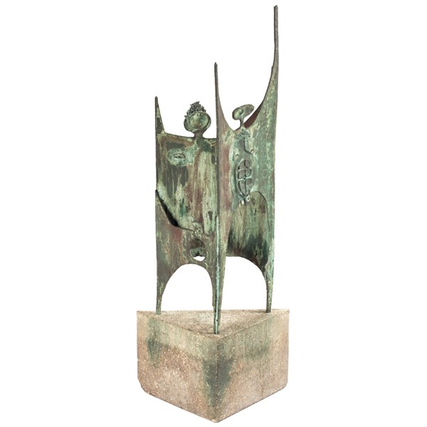 Eldon Danhausen sculpture, 1960s, bronze signed: Eldon Danhausen sculpture, 1960s, bronze form over a triangular composite stone base, signed with "ED" on sculpture, 22"w x 11.25"d x 55"h, very good original condition