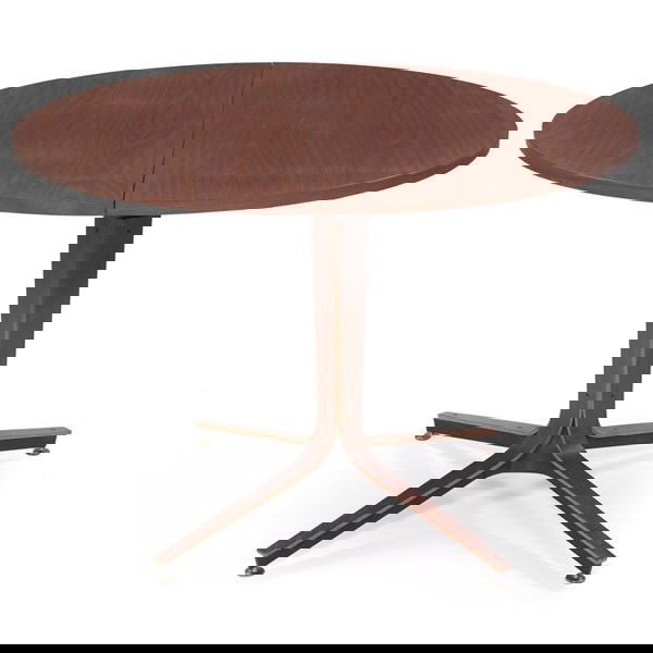 Norman Cherner dining table, attribution, Plycraf: Norman Cherner dining table, attribution, by Plycraft, woodgrain laminate top supported by four legs with molded wood strips, one 17.75" leaf, 42"dia. x 29"h, good original condition