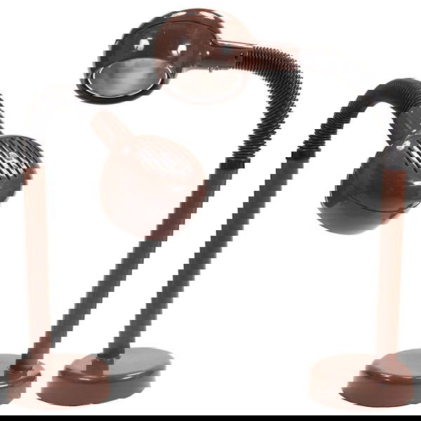 Fagerhults table lamps, pair, Sweden, brown plast: Fagerhults table lamps, pair, Sweden, brown plastic forms with articulated necks and adjustable shades, stamped "Fagerhults Sweden", one with Kovacs label, 16"w x 23"h, very good condition