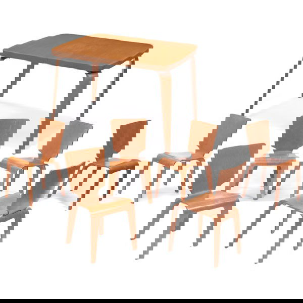 Von Thaden and Jordan dining table and chairs, 19: Herbert von Thaden and Donald Jordan dining table and chairs, by Thaden-Jordan Furniture Corp., Roanoke, VA, c.1947, birch, table with rectangular top with rounded corners over bentwood legs, one 13.7