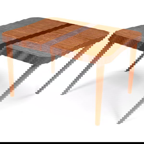 Gilbert Rohde dining table, Herman Miller, restor: Gilbert Rohde dining table, by Herman Miller, rectangular top with curved sides over faceted legs, inlaid detail to top, does not accept leaves, stenciled mark "4191", 51"w x 40"d x 30"h, refinished,