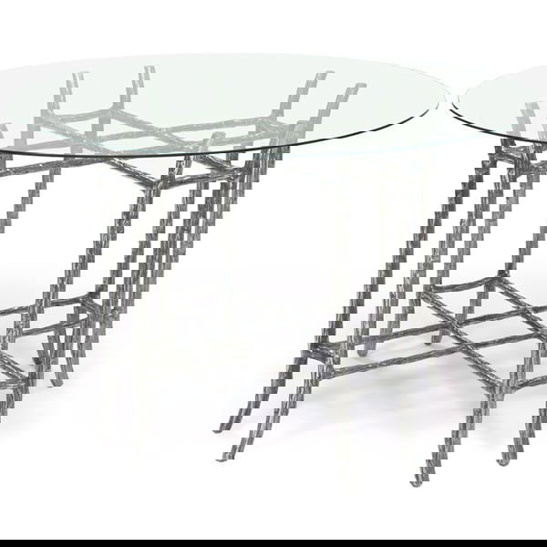 Arthur Court "Faux Bois" table, aluminum: Arthur Court "Faux Bois" center/dining table, cast aluminum, eight legs with cross-stretchers, round glass top, unsigned, 42"dia. x 27.75"h, excellent condition