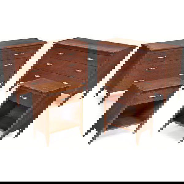 John Van Koert Profile bedroom set, Drexel: John Van Koert Profile bedroom set, by Drexel, 1950s, two dressers, two nightstands, dressers with three drawers, 48"w x 21"d x 32"h, nightstands: 20"w x 14"d x 26"h, all with burned mark "Drexel" in