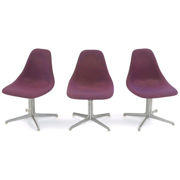 Charles Eames style chairs, 3, maker unknown: Charles Eames style chairs, three, maker unknown, LaFonda style aluminum bases, seats with the original wool upholstery, unsigned, 19"w x 21.5"d x 29.5"h, very good original condition