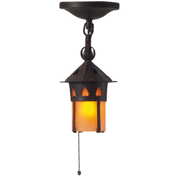 Gustav Stickley lantern, #304: Gustav Stickley lantern, #304, vented hammered copper fixture with pierced and cut-out design supports a glass shade, original patina, original chain and ceiling cap, 6"dia x 12"h