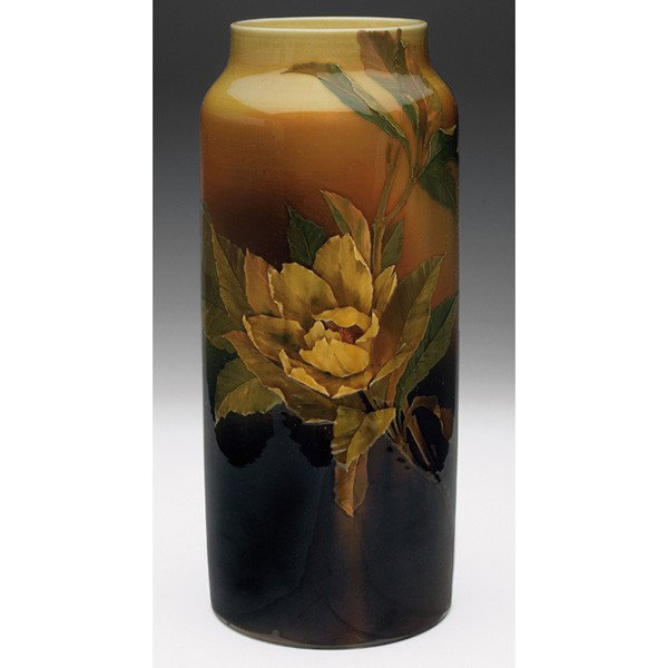 Rookwood vase, large cylindrical shape Standard gla: Rookwood vase, large cylindrical shape in a Standard glaze, raised and painted peony and leaves, exceptionally painted by M.A. Daly in 1890, #506, 5.5"w x 13.5"h