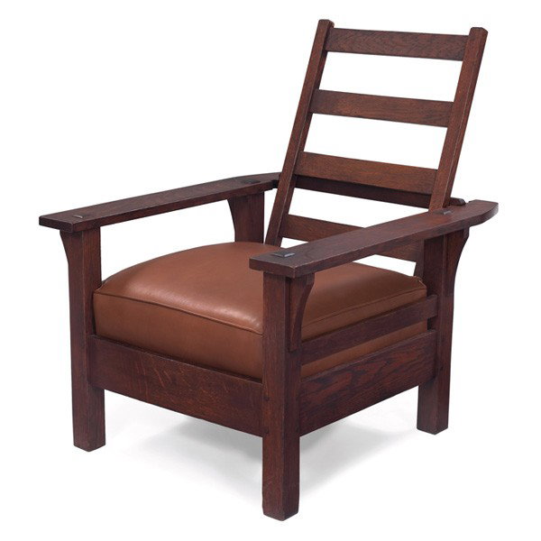 L and JG Stickley Morris chair, #470: L and JG Stickley Morris chair, #470, flat-arm form with corbel supports and hip rail at sides, nicely replaced leather cushions, refinished, unsigned, 32"w x 36"d x 39"h, very good condition