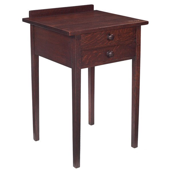 Gustav Stickley nightstand, #641: Gustav Stickley nightstand, #641, two drawers with original wood knobs, refinished, signed with red decal, minor wear to top, 20"w x 17.5"d x 30"h, very good condition