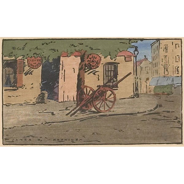 James Roy Hopkins "Wine Shop - Paris,": James Roy Hopkins (American, 1877- 1969) "Wine Shop - Paris," 1923, color woodcut, signed in image, 4.25" x 7.5", in an Arts and Crafts frame