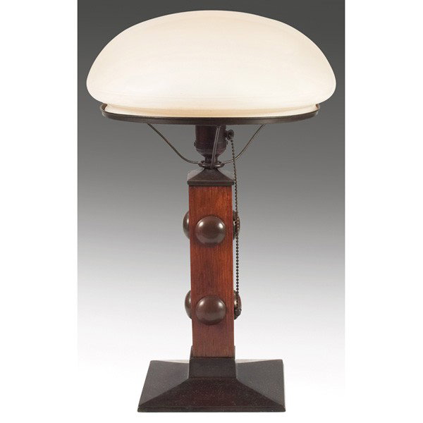 Arts and Crafts lamp, white glass Tam-OShanter sha: Arts and Crafts lamp, white glass dome shade on a pedestal base, 11"dia x 17"h, very good condition