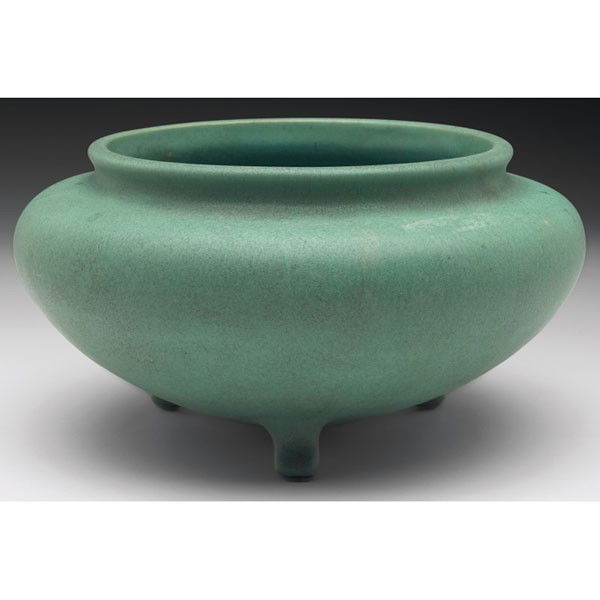 Teco bowl, #130, designed by F. Albert: Teco bowl, #130, designed by F. Albert, shouldered and three-footed shape, under a good green matte glaze with charcoal highlights, impressed marks, 7"w x 4"h