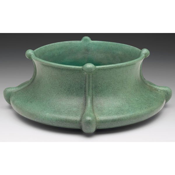 Teco bowl, #341, unusual shape with four protrusio: Teco bowl, #341, unusual shape with four protrusions, under a good green matte glaze with charcoal highlights, impressed marks, 10"w x 3.5"h, restoration to base