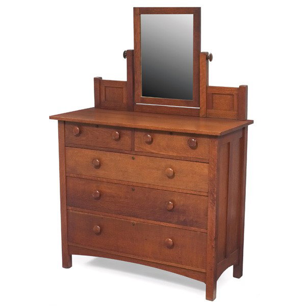 Stickley Brothers dresser, #9010: Stickley Brothers dresser, #9010, mirror at back over two half vdrawers and three full drawers on an arched toe-board, paneled sides and back, cleaned original finish, numbered, 47"w x 20"d x 68"h, ve