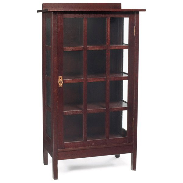 Gustav Stickley china cabinet, #820: Gustav Stickley china cabinet, #820, single door with twelve panes of glass and original copper pull, refinished, signed with red decal, 36"w x 15"d x 62.5"h, very good condition