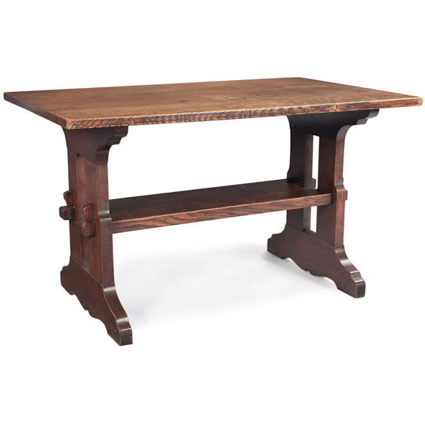Gustav Stickley trestle table, #401: Gustav Stickley trestle table, #401, rectangular top over a lower shelf supported by double key and tenon construction on a shoe-foot base, lightly re-coated original finish to base, cleaned finish to