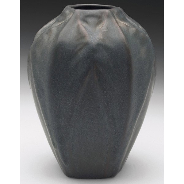 Van Briggle vase, c. post 1920, broad vertical lea: Van Briggle vase, c. post 1920, broad vertical leaves, blue and green matte, incised marks, 4.75"w x 7"h
