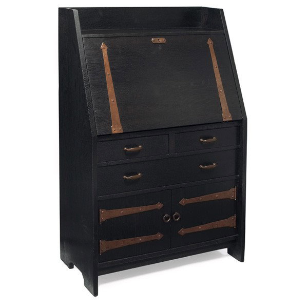 Gustav Stickley writing desk, #550: Gustav Stickley writing desk, #550, slanted drop front above a series of drawers and doors with original copper pulls and strap hardware, slab sides with flush-tenon construction, complete interior, e