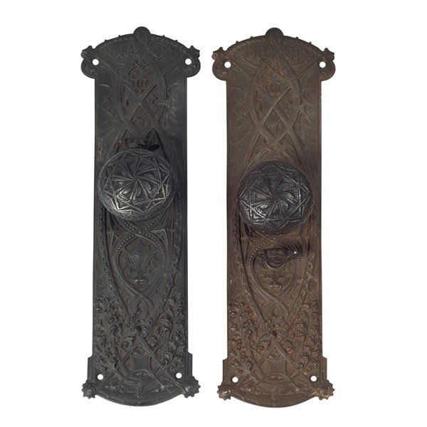 Louis Sullivan door knobs and back plates, two, fr: Louis Sullivan door knobs and back plates, two, from the Guaranty Building, 1894, Buffalo, New York, organic Prairie design with "Guaranty" at top of door plates, original patina 4"w x 14"h, very good