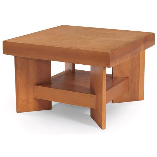 Frank Lloyd Wright table, from the Thomas E. Keys: Frank Lloyd Wright table, from the Thomas E. Keys Residence, Rochester, Minnesota, 1950, in the Usonian style with a square top over a lower shelf, original finish, 24.5"w x 24.5"d x 16"h, very good c