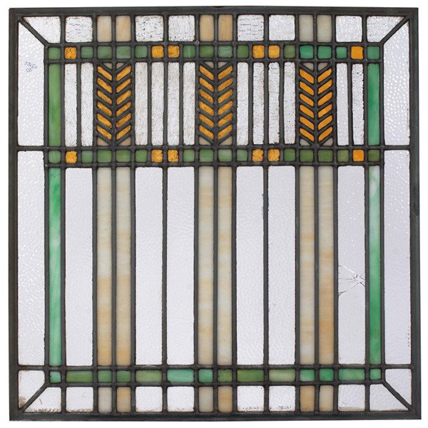 Arts and Crafts windows, pair, good Prairie chevro: Arts and Crafts windows, pair, good Prairie chevron design in leaded gold and green glass glass, some breaks to glass, 24"w x 24"h, good condition