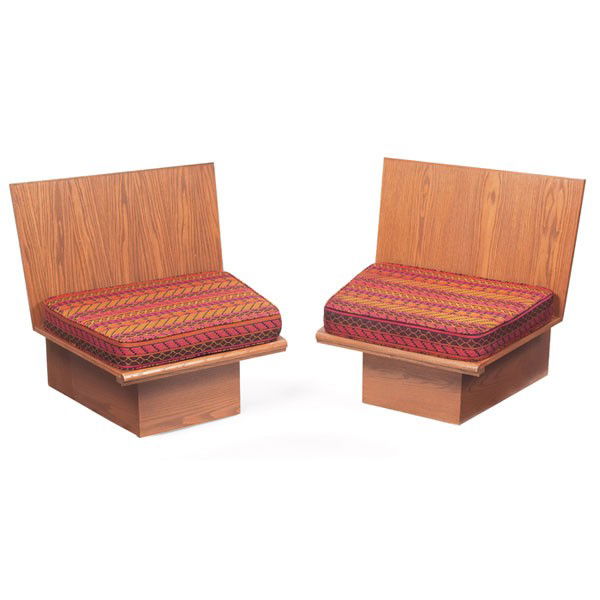 William Wesley Peters chairs, pair, from Sorenson: William Wesley Peters chairs, pair, from Sorenson residence, Vermont Township, Wis., c. 1963, slab seat and back with original cushions. Peters was an architect and apprentice of Frank Lloyd Wright an