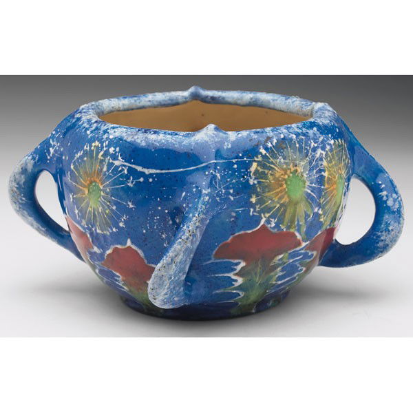 Amphora bowl, four-handled form, colorful slip-pai: Amphora bowl, four-handled form, colorful slip-painted design of dandelions against a blue and white background, marked, #3553, 7.5"w x 3.5"h, hairlines to rim, this bowl is pictured in House of Ampho
