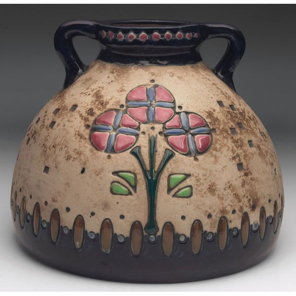 Amphora Campina vase, designed by Max von Jungwirt: Amphora Campina vase, designed by Max von Jungwirth, double handled shape with incised and painted rooster and floral designs, marked, #11616, 8"w x 7"h