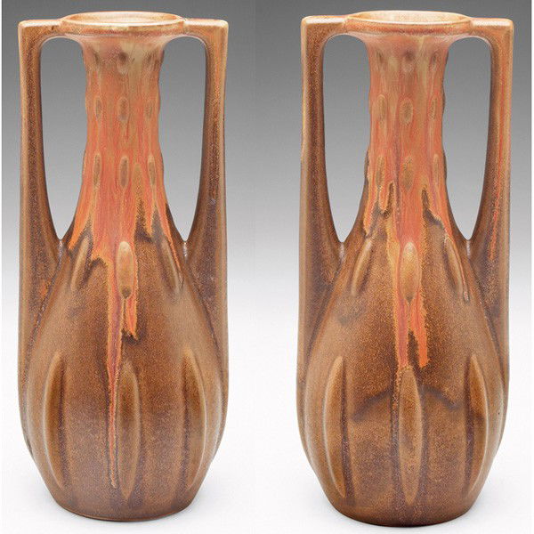Denbac vase, double handled shape with raised desi: Denbac vase, double handled shape with raised designs under an orange and brown crystalline glaze, marked, #363, 4"w x 9.5"h; with a Denbac vase, double handled shape with raised designs under an oran