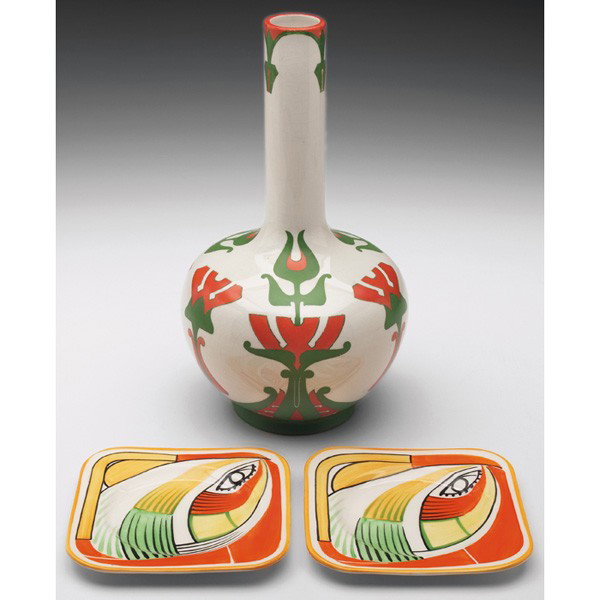 Haviland Arabia vase, bulbous shape, painted styli: Haviland Arabia vase, bulbous shape, painted stylized floral designs in orange and green, marked, 6"w x 11"h; with Gray Pottery plates, pair, painted abstract eye designs, marked, each: 5.25"sq