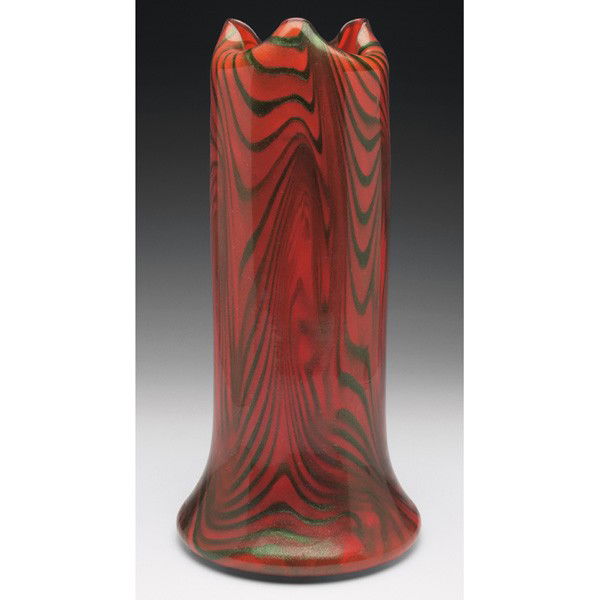 Loetz vase, attribution, cylindrical shape with fl: Loetz vase, attribution, cylindrical shape with flared base and trefoil top, red glass with swirling green crystalline inclusions, unmarked, 6"w x 13"h