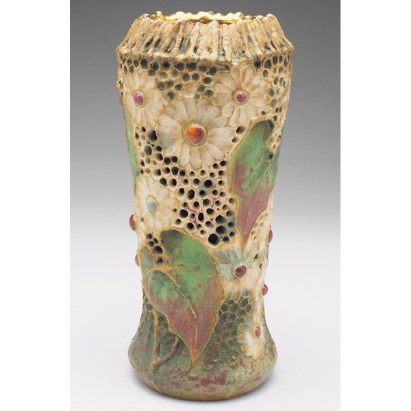 Amphora vase, interesting shape with a pierced sur: Amphora vase, interesting shape with a pierced surface, raised and painted flowers and leaves, colorful inset stones and gold accents, marked, #3787, 4.5"w x 9.5"h, this is a very rare form and style,